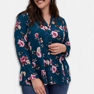 Torrid Harper Teal Floral Long Sleeve Tie Back Button Down Shirt Blouse